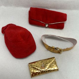 Euc Vintage Barbie Red Flare & Silken Flame Purses Clutch Belt & Hat Red Gold