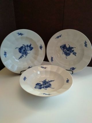 Set Of 3 Large Royal Copenhagen Soup/ Pasta Bowls In Classic Blue Floral Design.