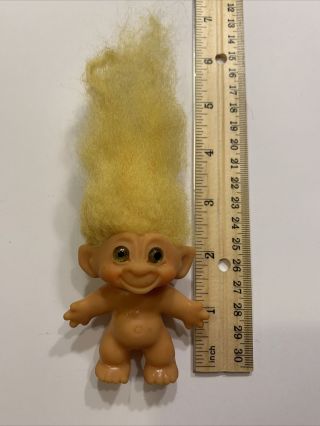 Vintage Troll Doll C64 Dam Yellow Hair 2.  5 In.  Green Eyes