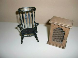Vintage Doll House Miniature Wooden Rocking Chair 4 " High And Cabinet 3 " High