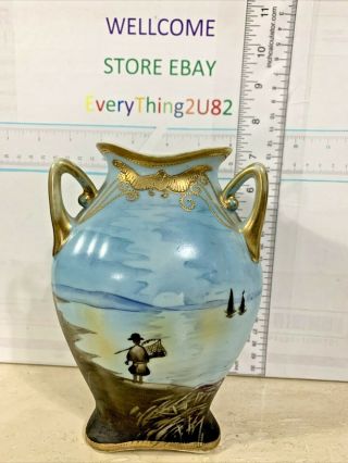 Nippon 3 Handled Vase Hand Painted Scene 7 " Tall