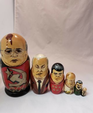 Vintage Set Of 6 Russian President Nesting Dolls Sovietic Leaders
