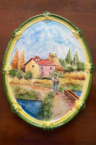 Vintage Italian Hand Painted Ceramic Wall Plaque Platter Signed A.  Stocco