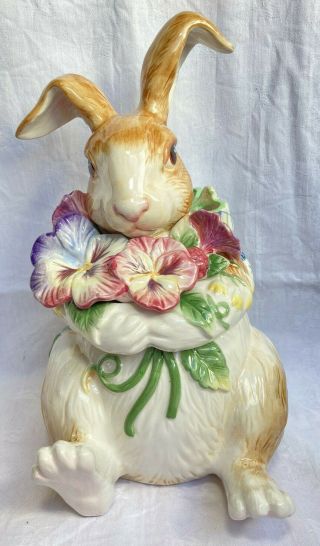 Fitz And Floyd Halcyon Bunny Rabbit With Pansies Cookie Jar Easter Spring