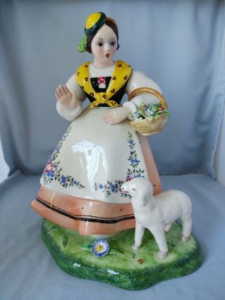 Italy Pottery - Trevir Vicenza Large Figurine - Woman,  Lamb And Flower Basket