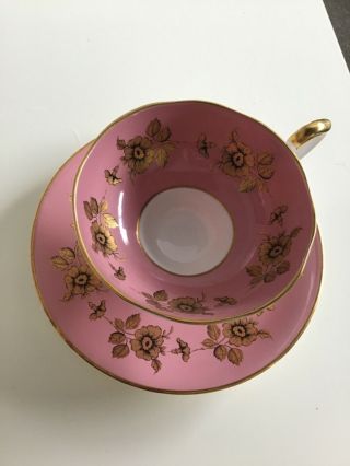 Vintage Aynsley Bone China Pink With Gold And Black Roses Footed Teacup And Sauc