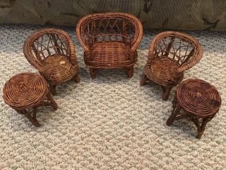 Vintage - Wicker Doll House Chairs And Tables - 3 Chairs And 2 End Tables Set