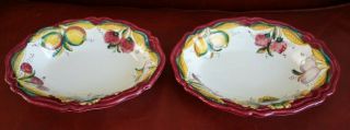 2 Deruta Italy 10 " Oval Ceramic Serving Bowls Red Rim Hand Painted Grapes Lemons