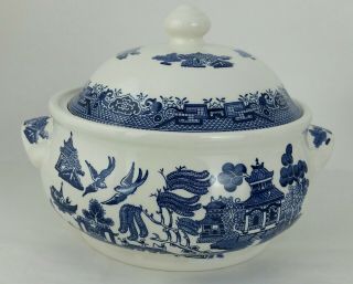 Churchill England Blue Willow Covered Vegetable Casserole Dish Soup Tureen W Lid