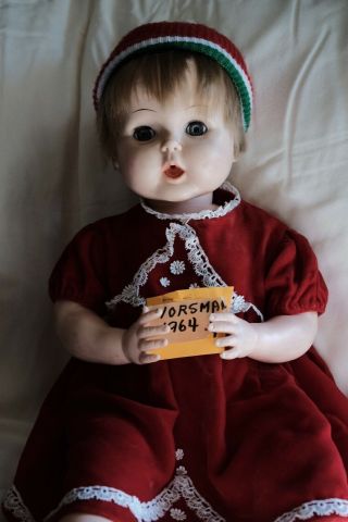 1964 Horsman 27 Inch Thirsty Walker Doll Tb 26 With Red Velvet Outfit