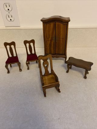 Vintage Miniature Dollhouse 1:12 2 Chairs Wardrobe Cabinet Side Table Rocking