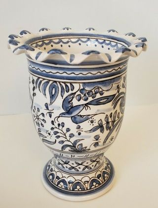 Vintage Berardos Pottery Footed Vase Blue & White Handpainted In Portugal Signed