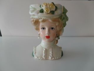 Vintage Large 7 " Lady Head Vase Yellow Roses Green Bonnet Napco ? Relpo?