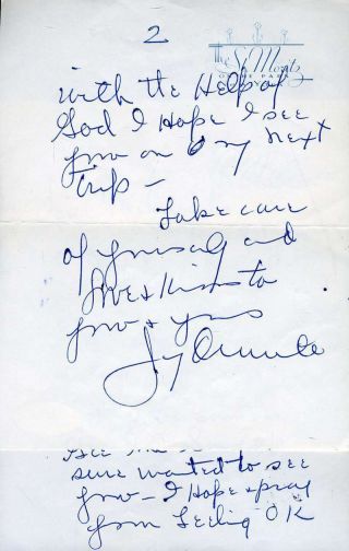Jimmy Durante Hand Signed Jsa 1961 Letter Authenticated Autograph
