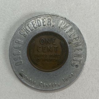 Vintage Oscar Sheeder,  Implements Guthrie Center,  Iowa Encased Lucky Penny 1946