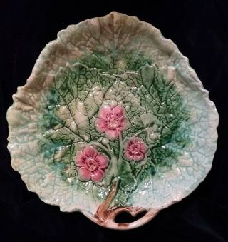 Old Antique Majolica Strawberry Leaf Serving Tray Or Dessert Plate W/ Handle