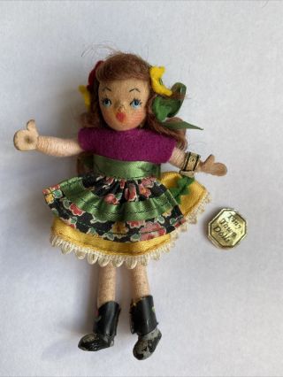 Vintage Tiny Town Girl Doll Painted Felt Metal Feet Dollhouse Little Peasant Tag
