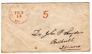 St Louis Mo " 5 " In Red Stampless Cover 1850 To Belleville Il