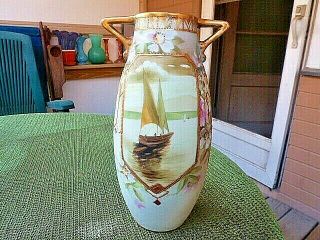 Nippon Signed Double Handled 8 " Moriage Vase With Sailboat Scene