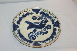 Antique Blue & White Pottery Dish Plate Bird Flower Early American Pottery