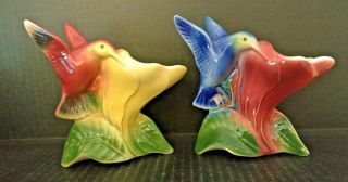 Vintage Royal Copley Hummingbird Vased Planter Red Yellow And Blue Red Pair