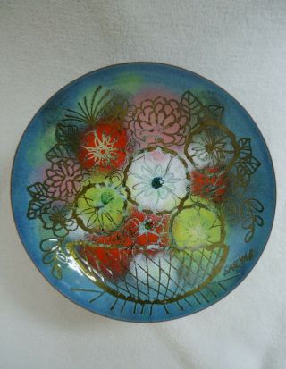 Sascha Brastoff Multi - Color Flower Basket On Blue Enamel Footed Bowl / Compote