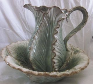 Vintage Fitz And Floyd Classic Cabbage Leaf 10 " Pitcher & Bowl Set