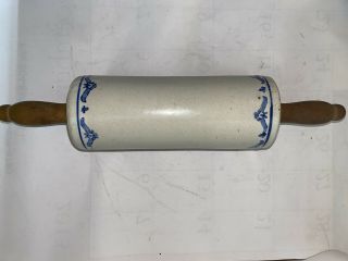 Vintage Western Stoneware Rolling Pin Blue Gray Floral Design Band Wooden Handle