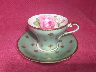Aynsley England Bone China Green Fleur Di Lis/pink Rose Cup & Saucer C1022