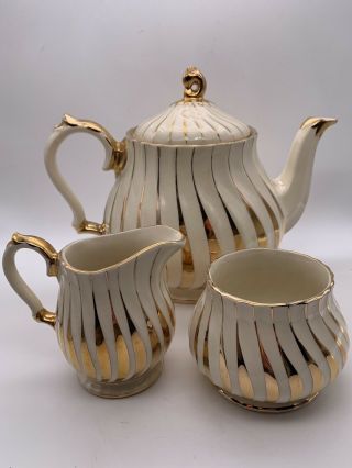 Antique Sadler England Teapot Creamer & Sugar Bowl Ivory Body Gold Swirl Pattern