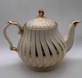 Antique Sadler England Teapot Creamer & Sugar Bowl Ivory Body Gold Swirl Pattern 2