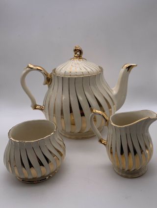 Antique Sadler England Teapot Creamer & Sugar Bowl Ivory Body Gold Swirl Pattern 3