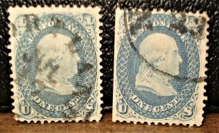 2 Stamps In 1 Lot 1861 - 1862 Us Scott No.  63,  1 Cent Blue,  Benjamin Franklin
