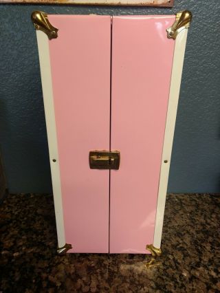Vtg Mcm Pink Metal Large Doll Wardrobe Clothing Trunk Carrying Case 13”x 6 " Atco