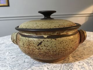 Handmade Studio Art Pottery Piece Large Pot With Lid And Handles Speckled Signed