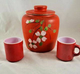 Vintage Red Roseville Usa 1500 Red Stoneware Cookie Jar W/white Flowers