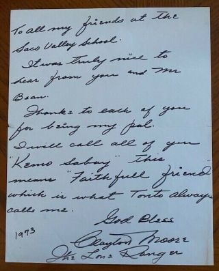 Clayton Moore The Lone Ranger Hand Written Letter.  W/coa.  7139