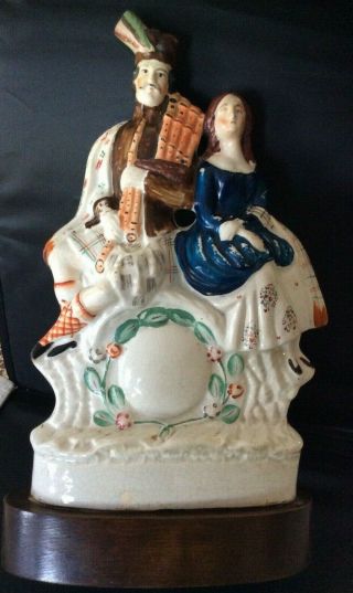 Vintage Staffordshire Flatback Figurine,  Couple Man Woman W/solid Wood Lamp Base