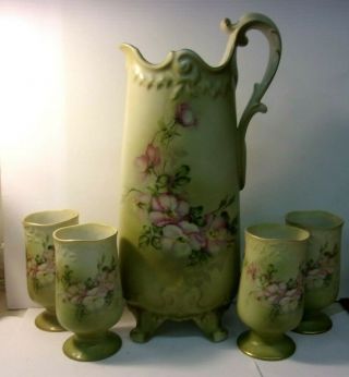 Nippon Hand Painted Lemonade Set 4 Footed Tumblers,  Big Pitcher 14 3/4 "