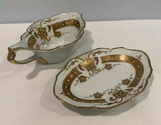 Antique Hand Painted Gilded Porcelain Gravy Boat With Under Plate Signed 6523