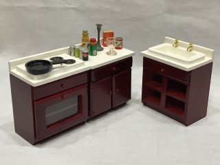 Vintage Miniature Doll House Cherry Wood Finish Kitchen Set 1:12