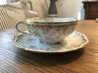 2) Antique Theodore Haviland Limoges Tea Cup/saucer W/ Pink Roses & Gold Trim
