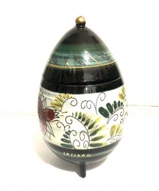Vintage Sascha Brastoff 044a Lidded & Footed Green Mid Century Ceramic Egg