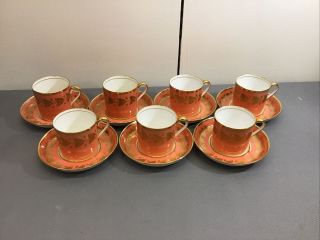 Set 7 Spode Tiffany & Co York Copeland China Coffee Cans Saucer Coral Gold