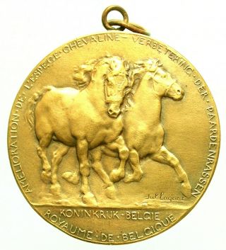 1926 Antique Bronze Belgian Thoroughbred Horses Art Medal By Jul.  Lagae 1926