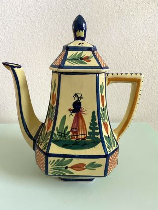 Hb Henriot Quimper French Soleil Breton Woman Octagonal Coffee Pot,  Repaired Top