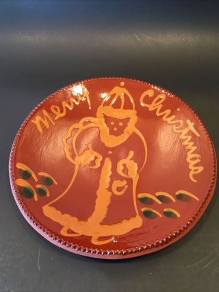 Foltz Pottery Redware Santa Merry Christmas Plate Signed 9.  5”