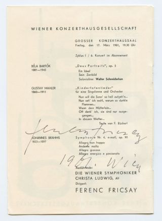 Ferenc Fricsay (1914–1963) : Signed Program (conductor) (vienna Symphonic)
