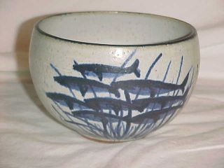 Signed Modern Studio Art Pottery Bowl Midcentury Leach - School Blue Fish Design