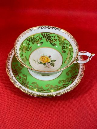 Vintage Paragon Teacup & Saucer Green With Large Yellow Rose